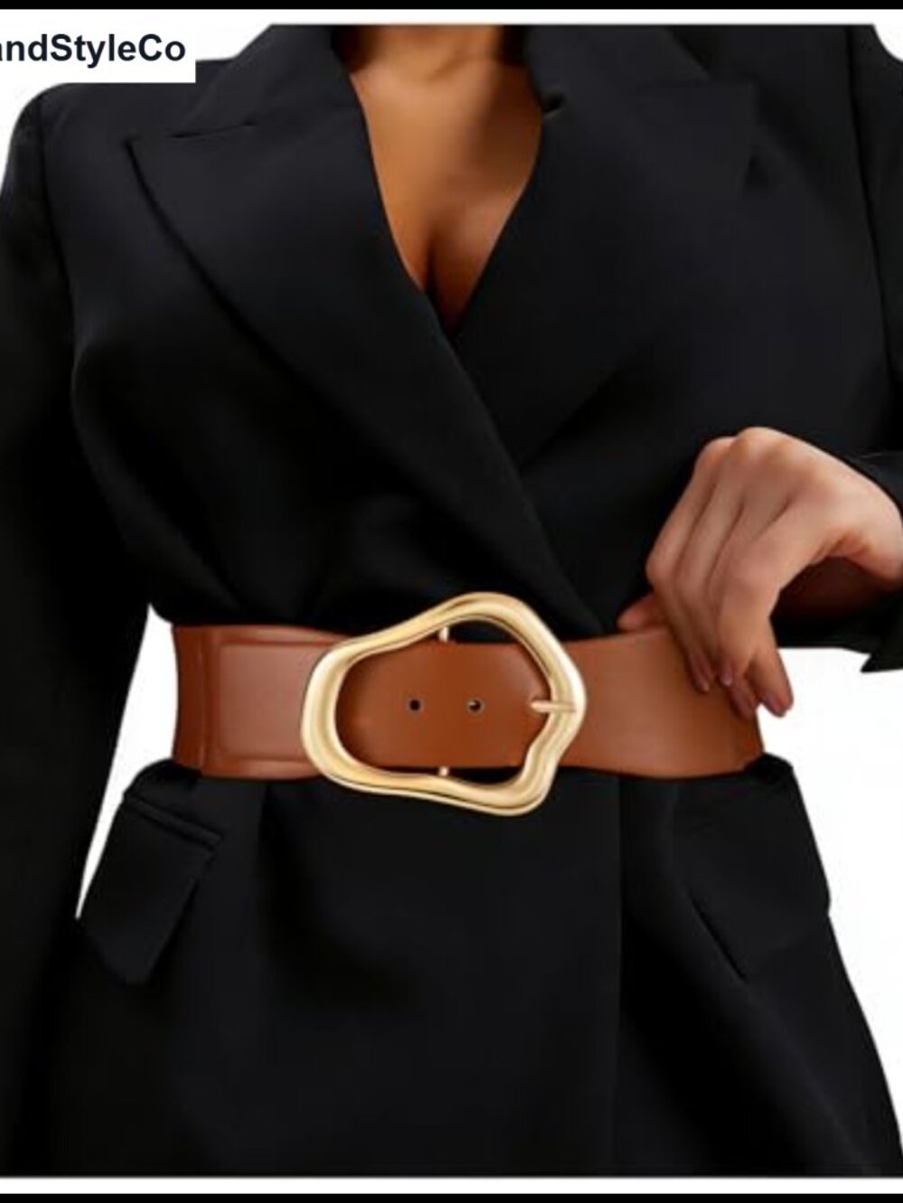 Wide Elastic Leather Waist Belt for Dresses Big Gold Buckle Stretchy Women